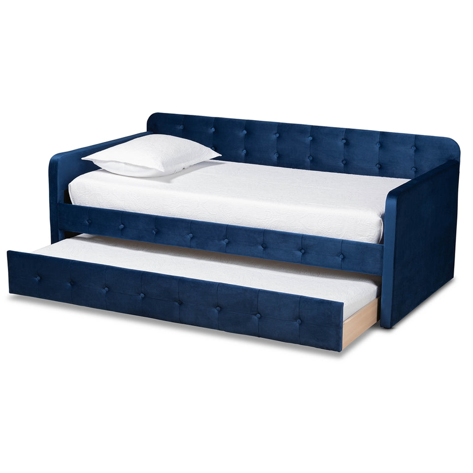 Jona modern and contemporary transitional navy velvet fabric upholstered and button tufted twin size daybed with trundle.