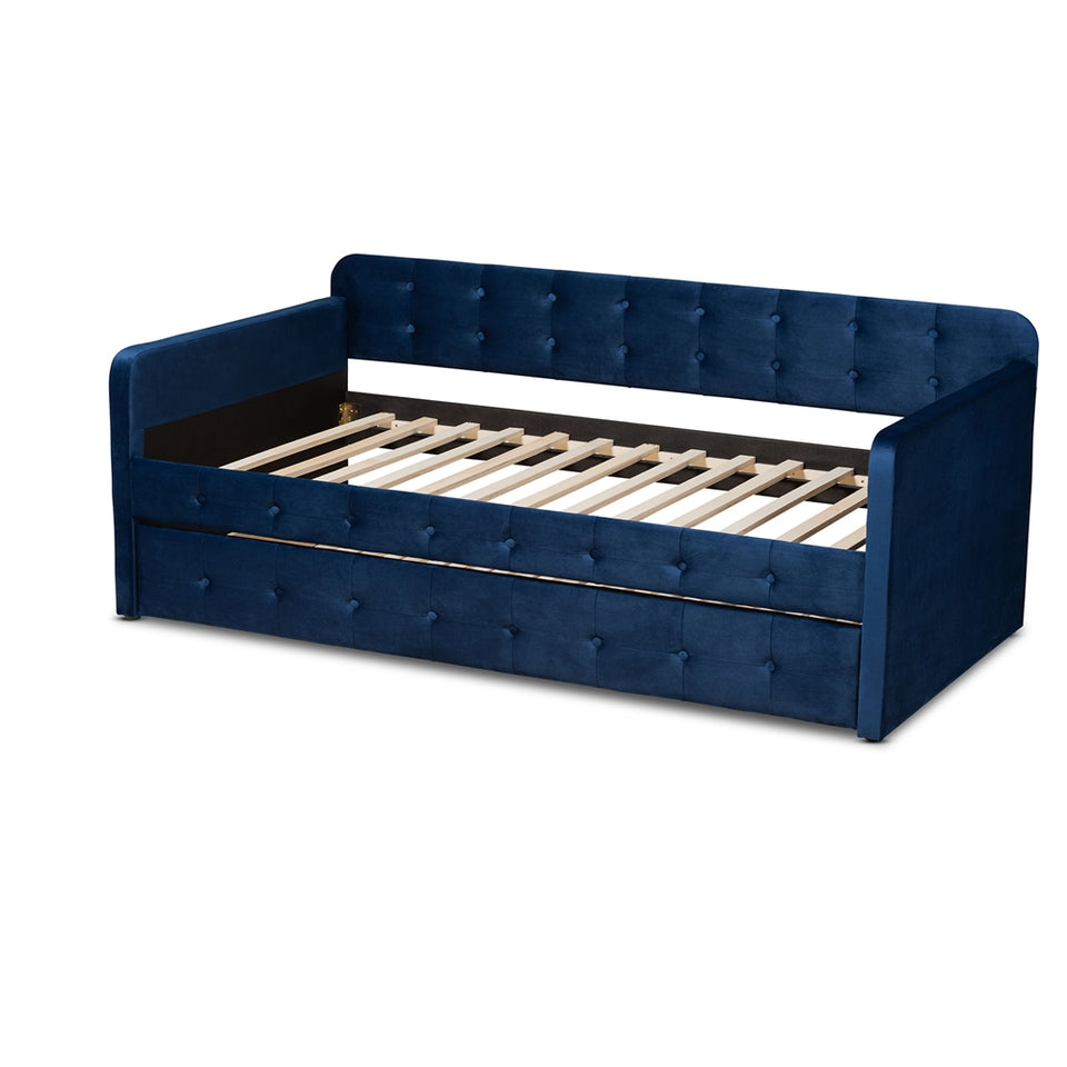 Jona modern and contemporary transitional navy velvet fabric upholstered and button tufted twin size daybed with trundle.