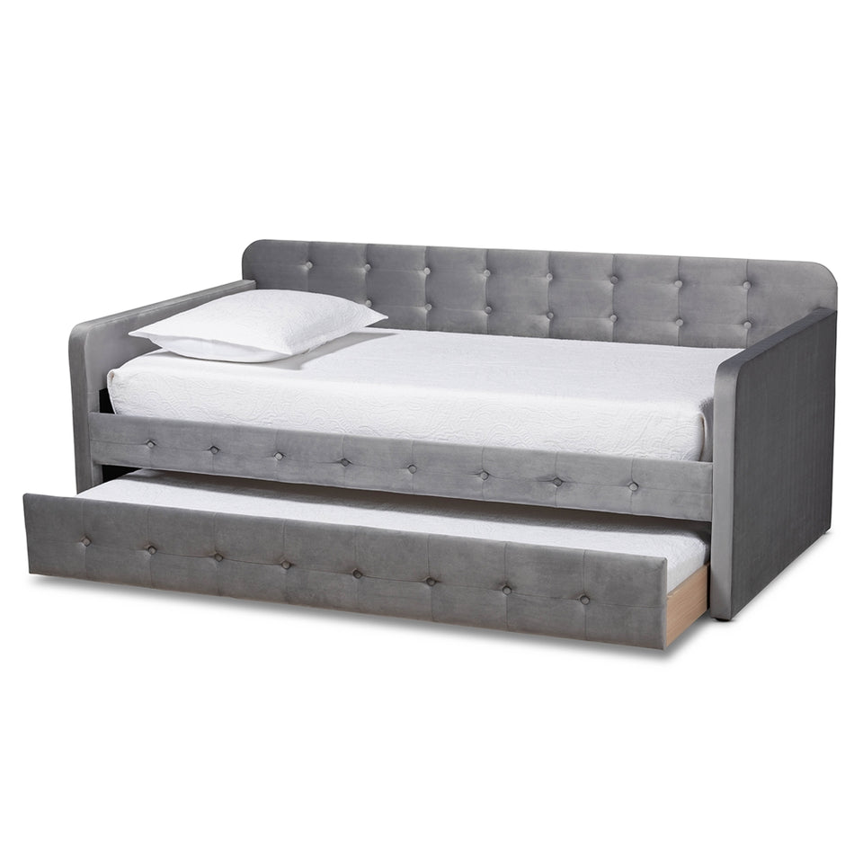 Jona modern and contemporary transitional grey velvet fabric upholstered and button tufted twin size daybed with trundle.