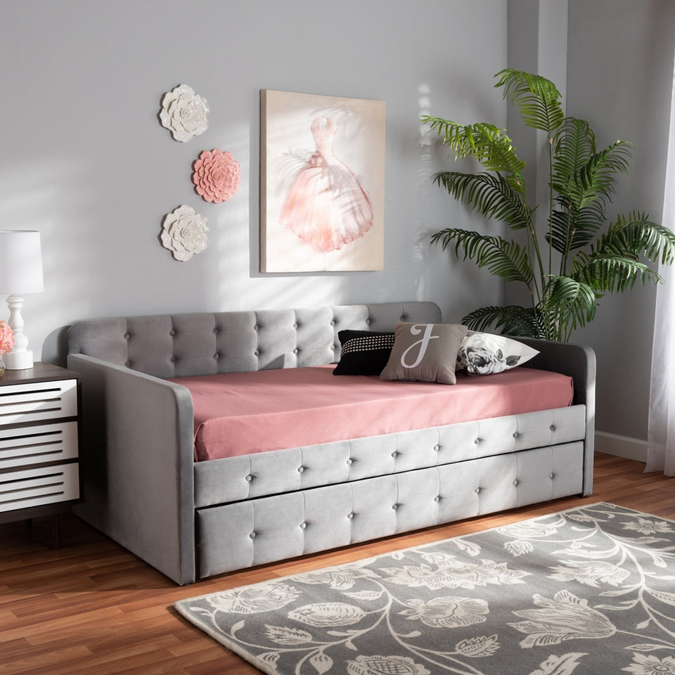 Jona modern and contemporary transitional grey velvet fabric upholstered and button tufted twin size daybed with trundle.