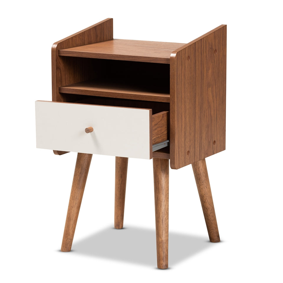 Elario mid-century modern two-tone grey and walnut brown finished wood 1-drawer nightstand.
