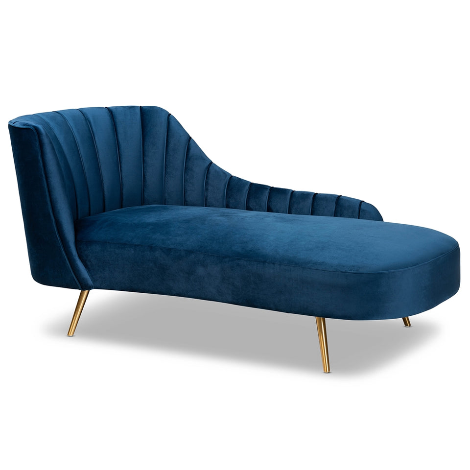 Kailyn glam and luxe navy blue velvet fabric upholstered and gold finished chaise.