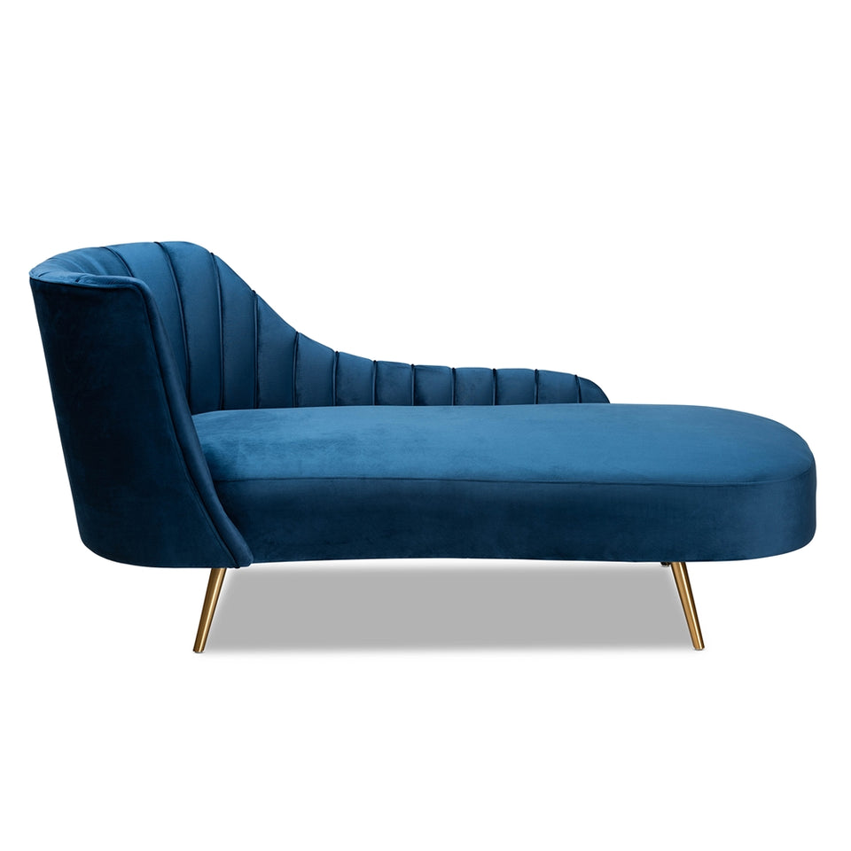 Kailyn glam and luxe navy blue velvet fabric upholstered and gold finished chaise.