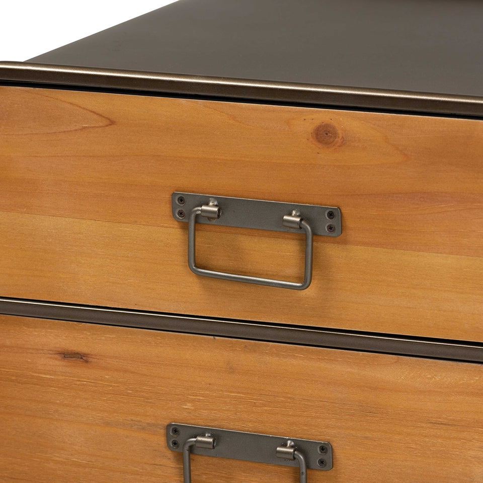 Kaiya rustic and industrial oak brown finished wood and black metal 2-drawer nightstand.