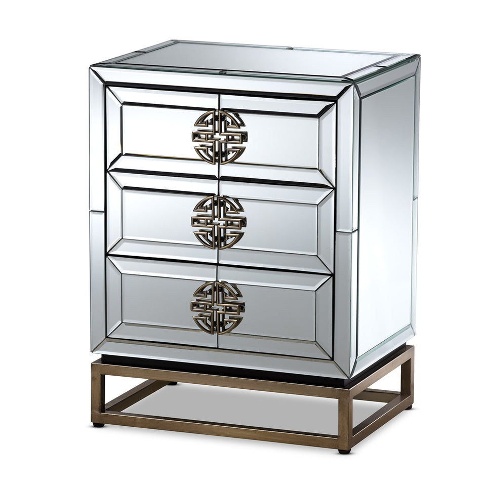 Laken contemporary glam and luxe mirrored and antique bronze finished 3-drawer nightstand.