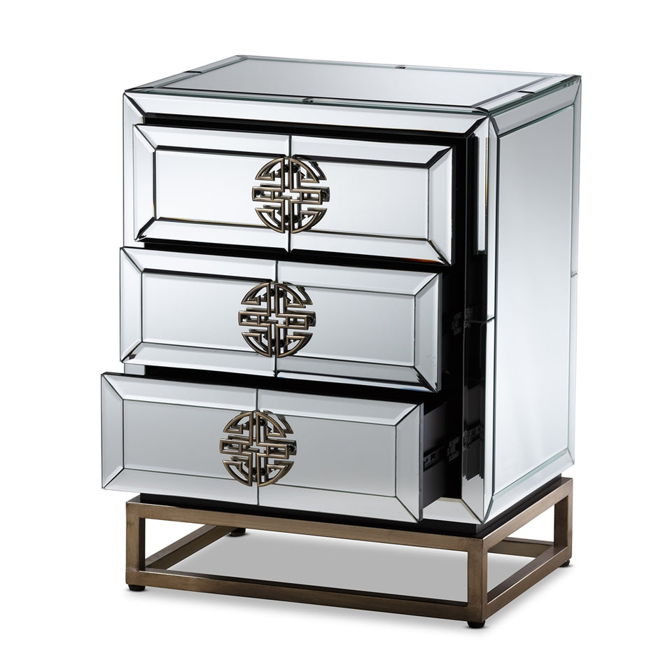 Laken contemporary glam and luxe mirrored and antique bronze finished 3-drawer nightstand.