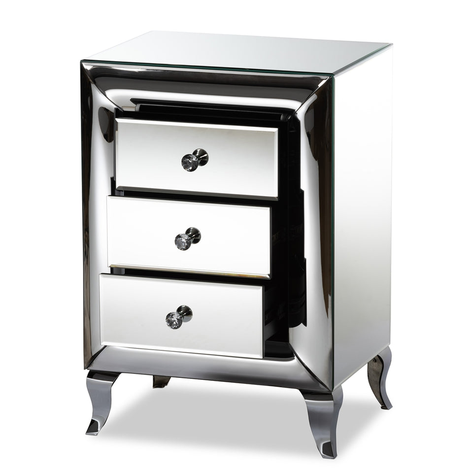 Pauline contemporary glam and luxe mirrored 3-drawer nightstand.
