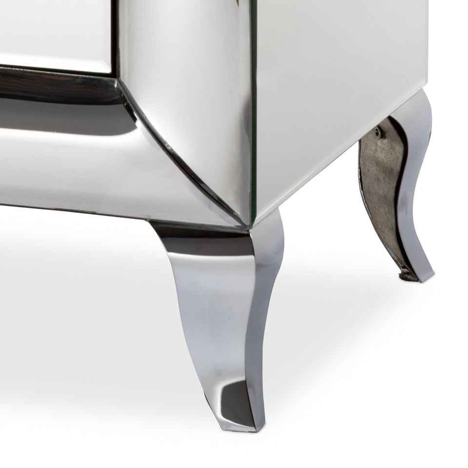 Pauline contemporary glam and luxe mirrored 3-drawer nightstand.