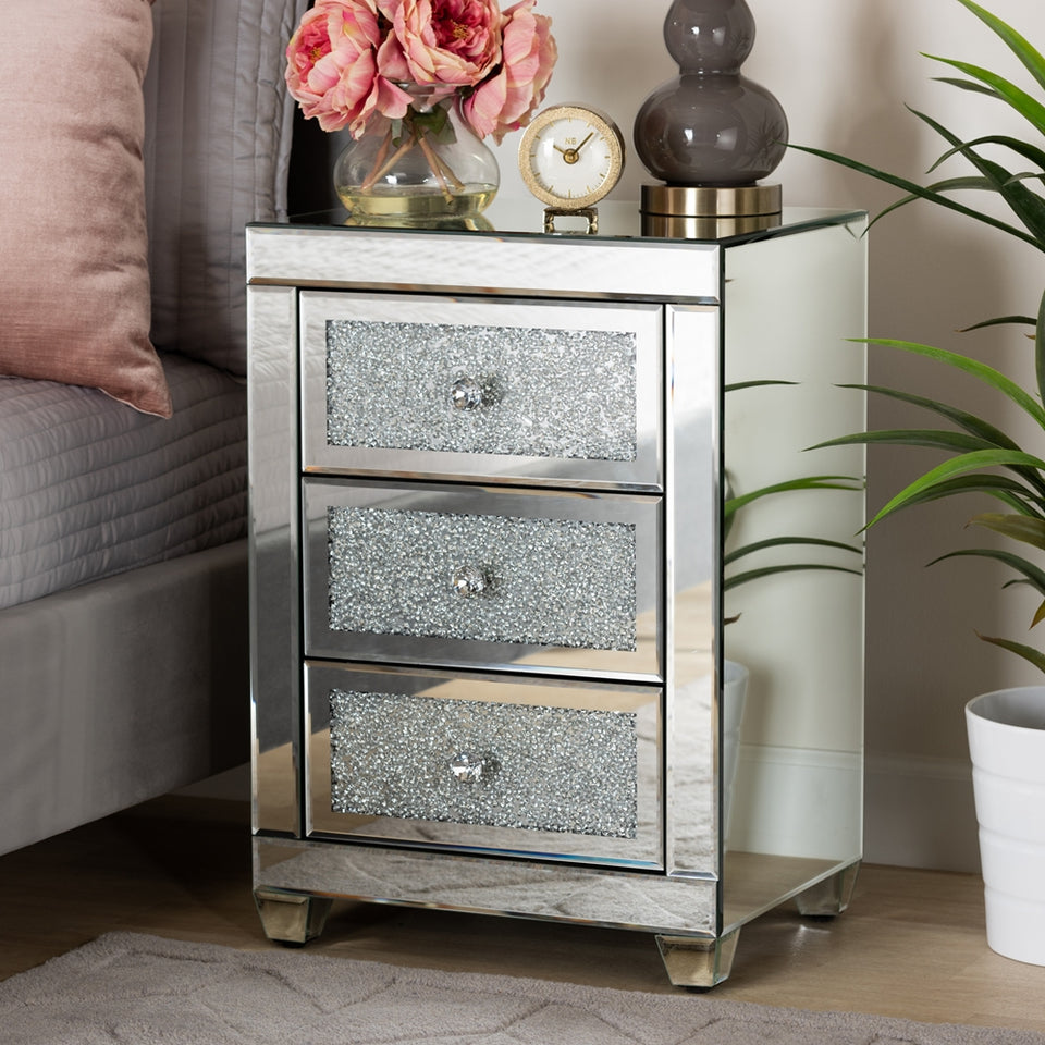 Ralston contemporary glam and luxe mirrored 3-drawer nightstand.