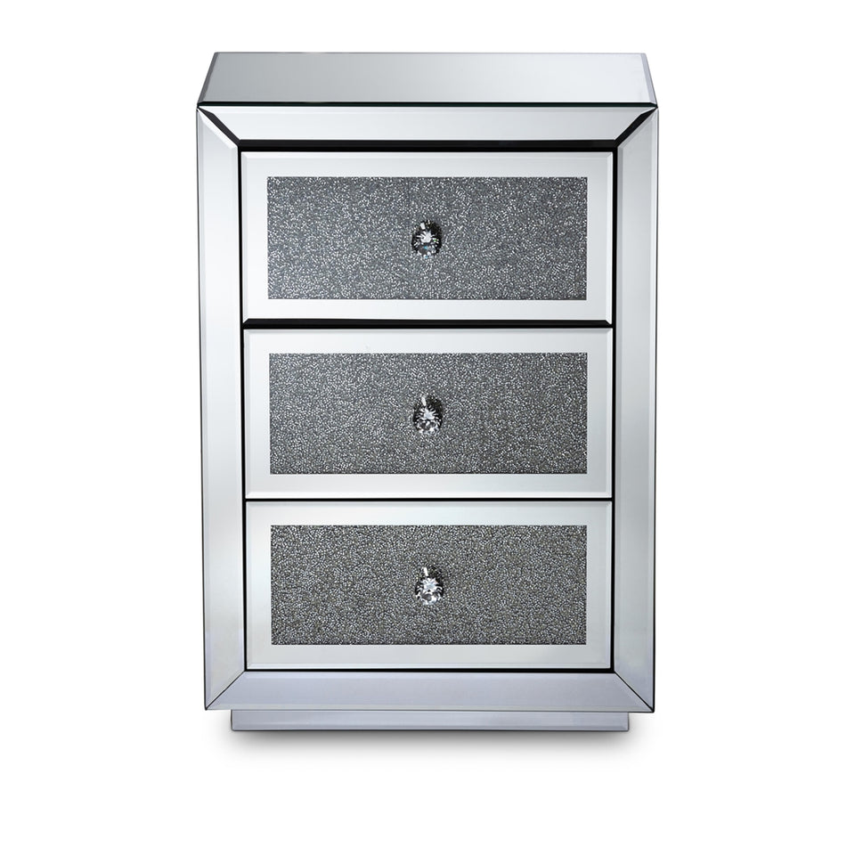 Talan contemporary glam and luxe mirrored 3-drawer nightstand.