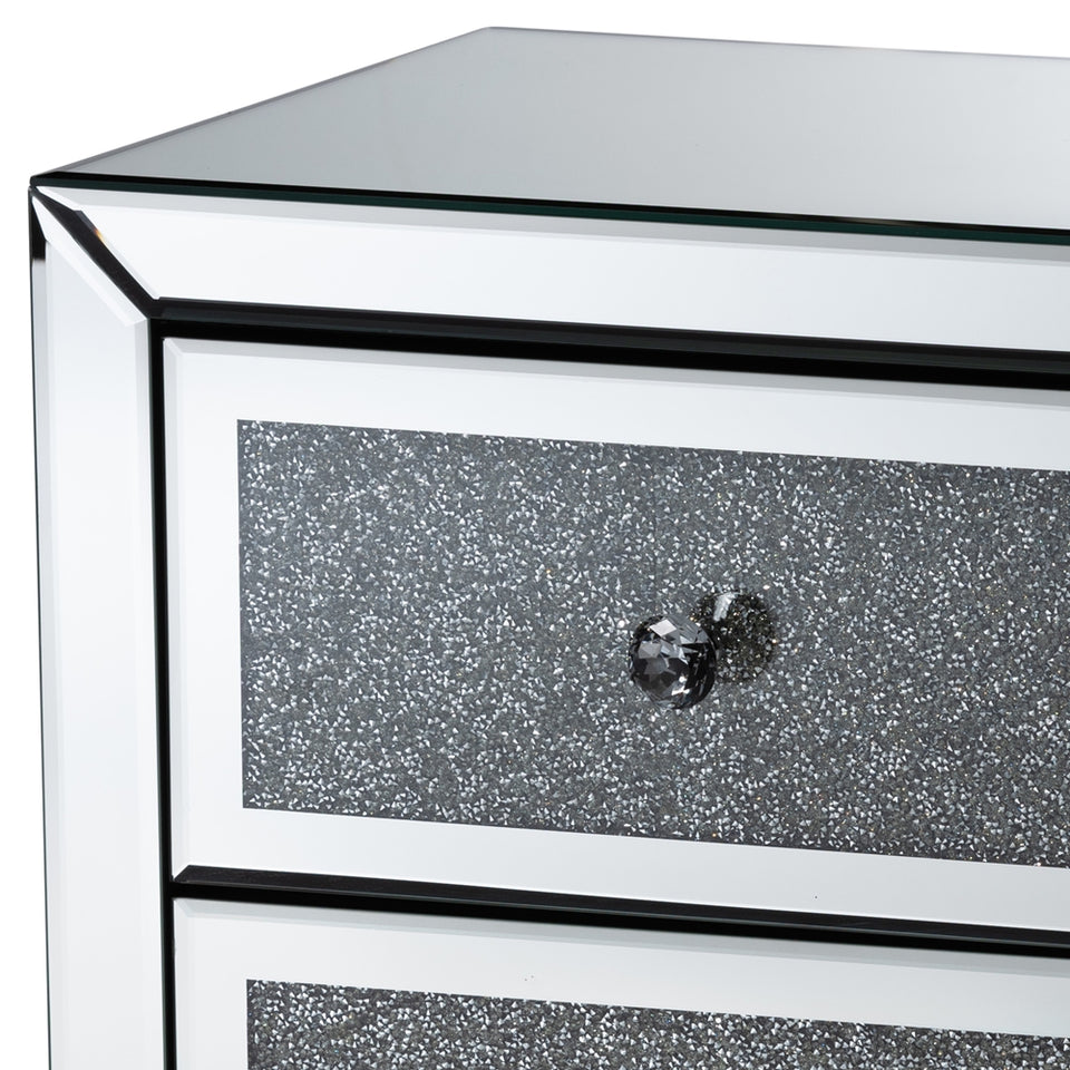 Talan contemporary glam and luxe mirrored 3-drawer nightstand.