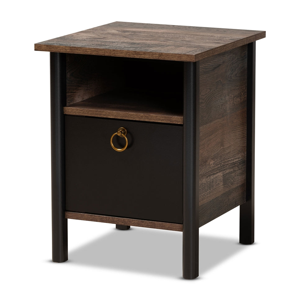 Vaughan modern and contemporary two-tone rustic brown and black finished wood nightstand.