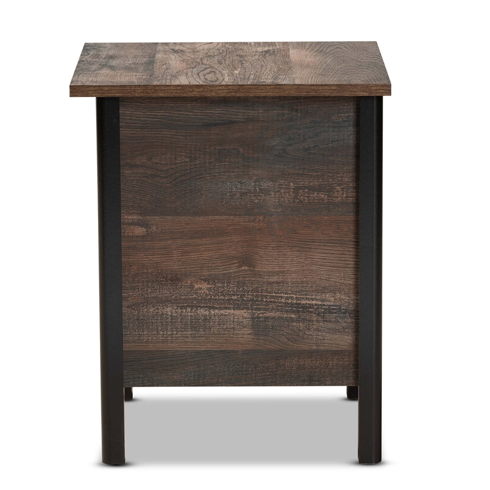 Vaughan modern and contemporary two-tone rustic brown and black finished wood nightstand.