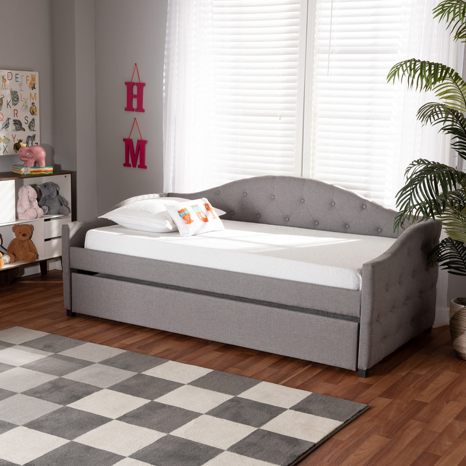 Becker modern and contemporary transitional grey fabric upholstered twin size daybed with trundle.