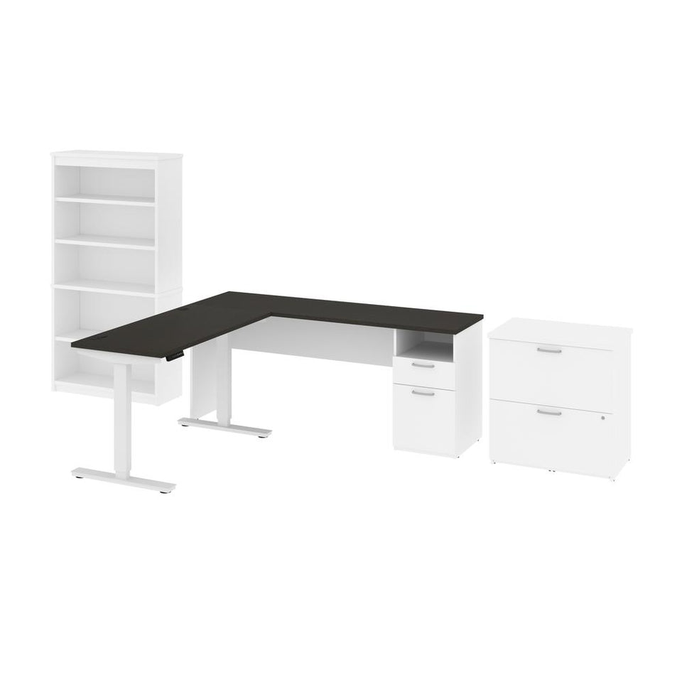 BESTAR Upstand 135W 72W L-Shaped Standing Desk with Bookcase and File Cabinet in deep grey & white