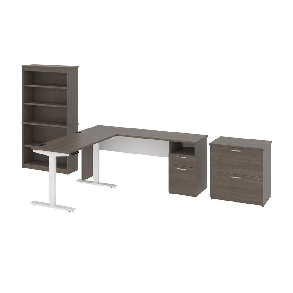 BESTAR Upstand 135W 72W L-Shaped Standing Desk with Bookcase and File Cabinet in bark grey & white