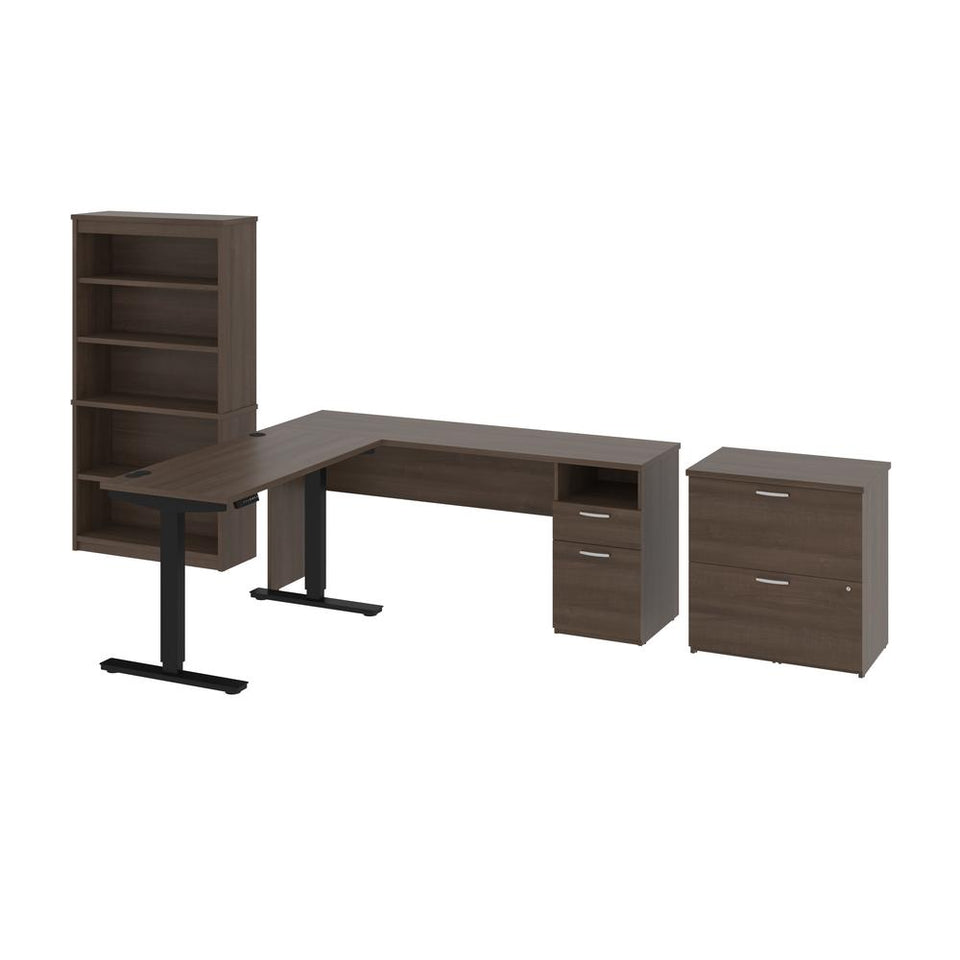 BESTAR Upstand 135W 72W L-Shaped Standing Desk with Bookcase and File Cabinet in antigua