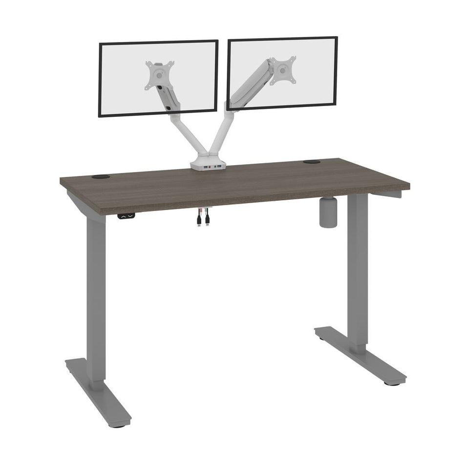 Bestar Upstand 48W x 24D Standing Desk with Dual Monitor Arm in bark grey