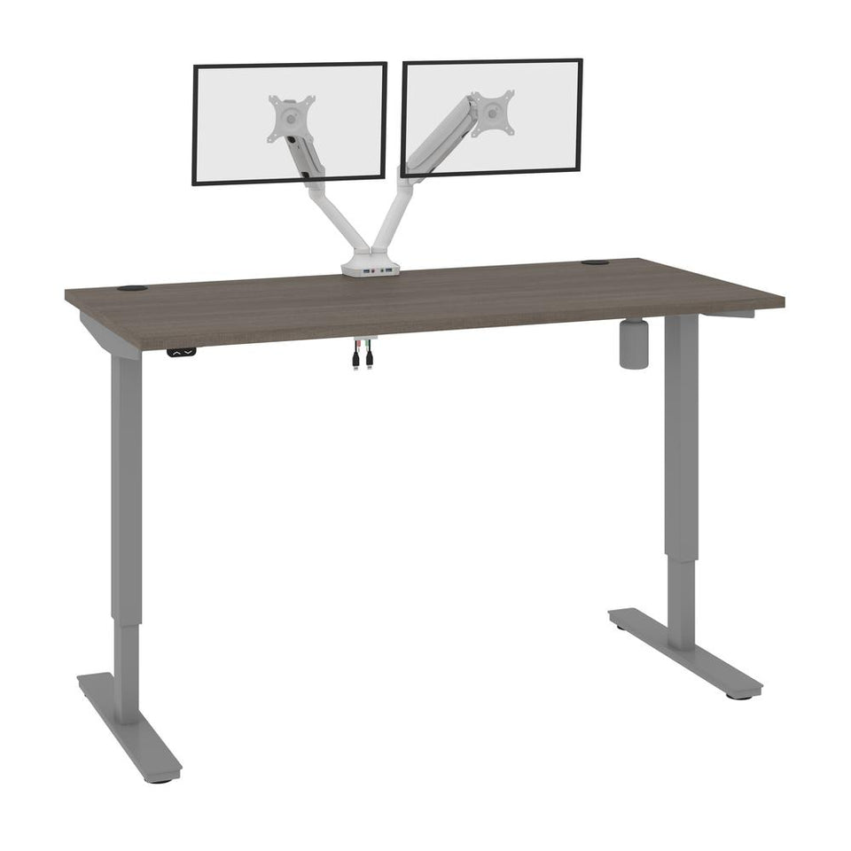 Bestar Upstand 60W x 30D Standing Desk with Dual Monitor Arm in bark grey