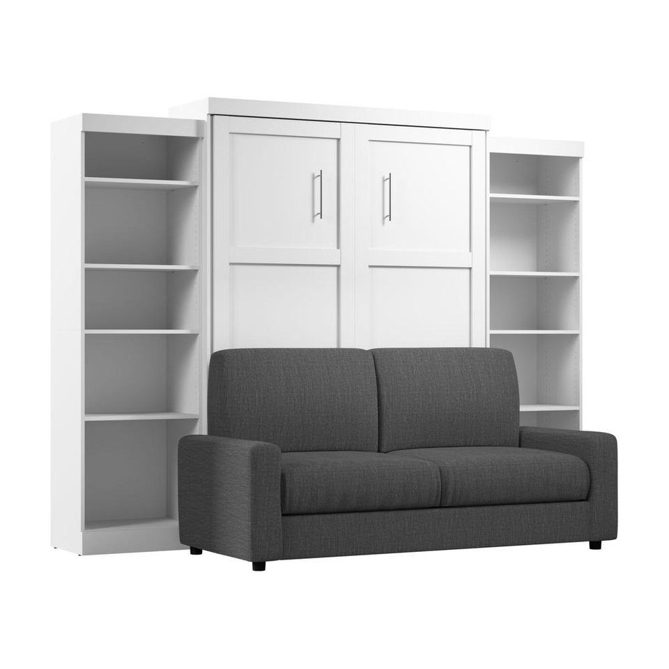 Bestar Pur Queen Murphy Bed with Sofa and Shelving Units (115W) in White