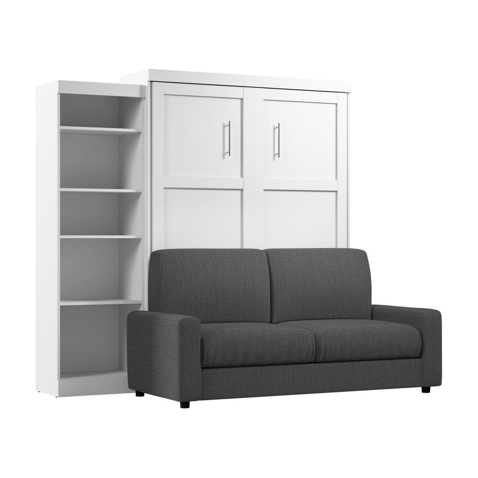 Bestar Pur Queen Murphy Bed with Sofa and Shelving Unit (96W) in White