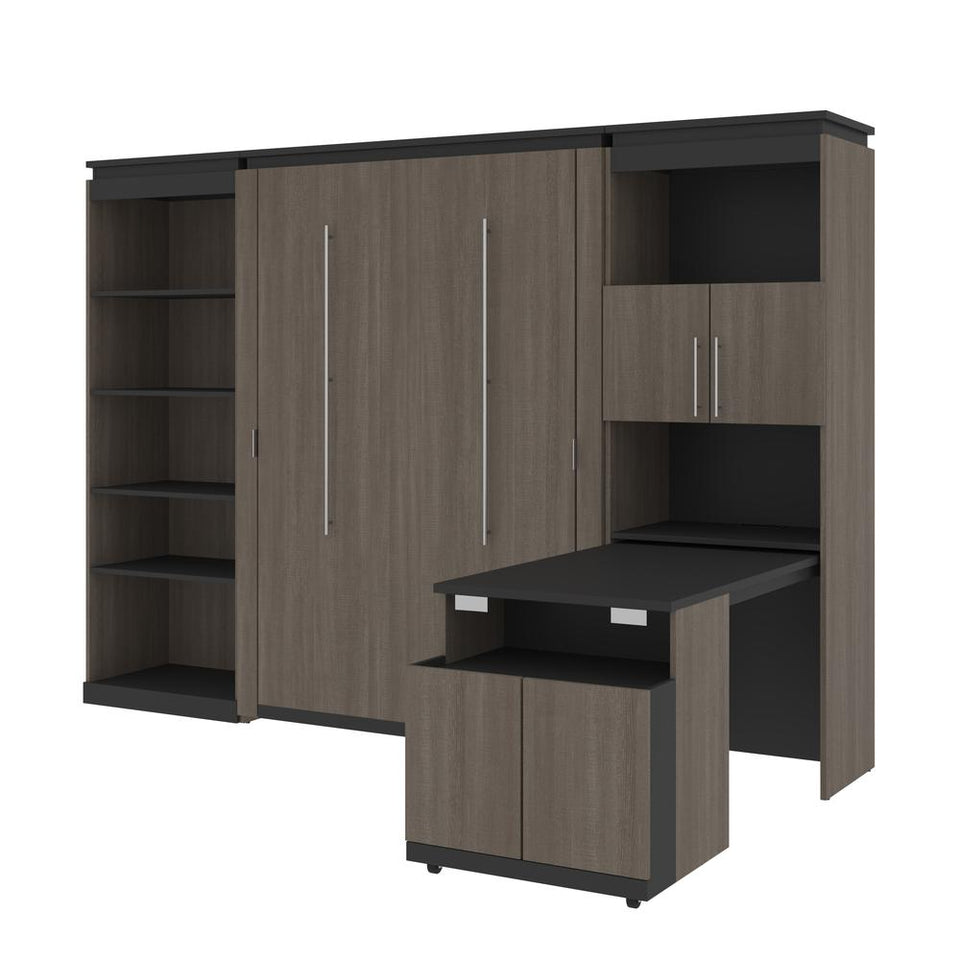 Bestar Orion 118W Full Murphy Bed with Shelving and Fold-Out Desk (119W) in bark gray & graphite
