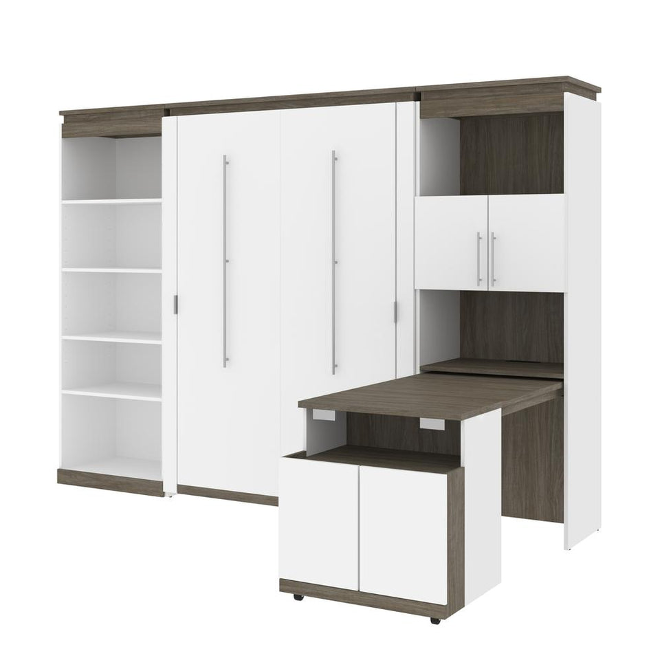 Bestar Orion 118W Full Murphy Bed with Shelving and Fold-Out Desk (119W) in white & walnut grey