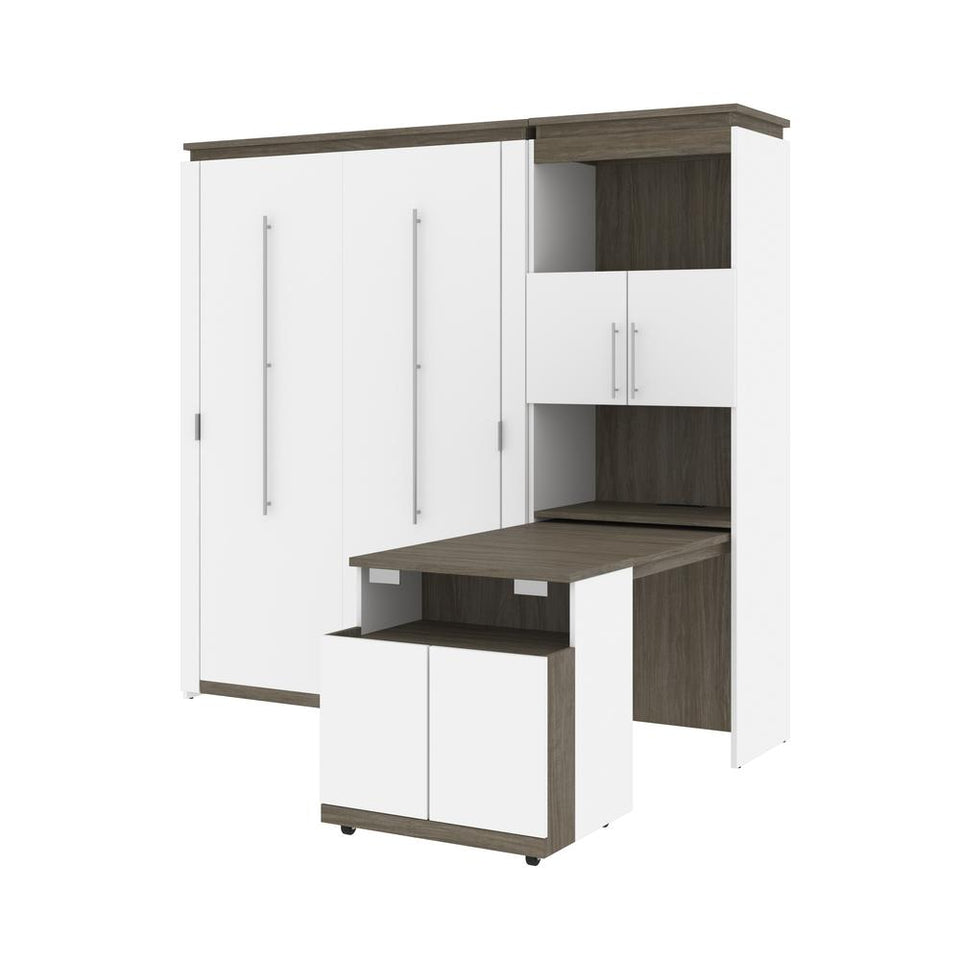 Bestar Orion Full Murphy Bed and Shelving Unit with Fold-Out Desk (89W) in white & walnut grey