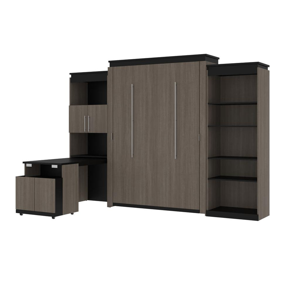 Bestar Orion 124W Queen Murphy Bed with Shelving and Fold-Out Desk (125W) in bark gray & graphite
