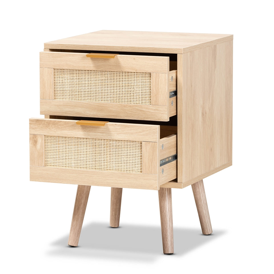 Baird mid-century modern light oak brown finished wood and rattan 2-drawer nightstand.