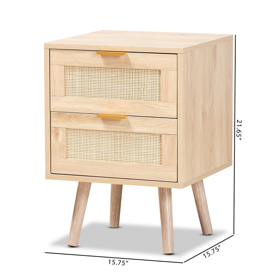 Baird mid-century modern light oak brown finished wood and rattan 2-drawer nightstand.