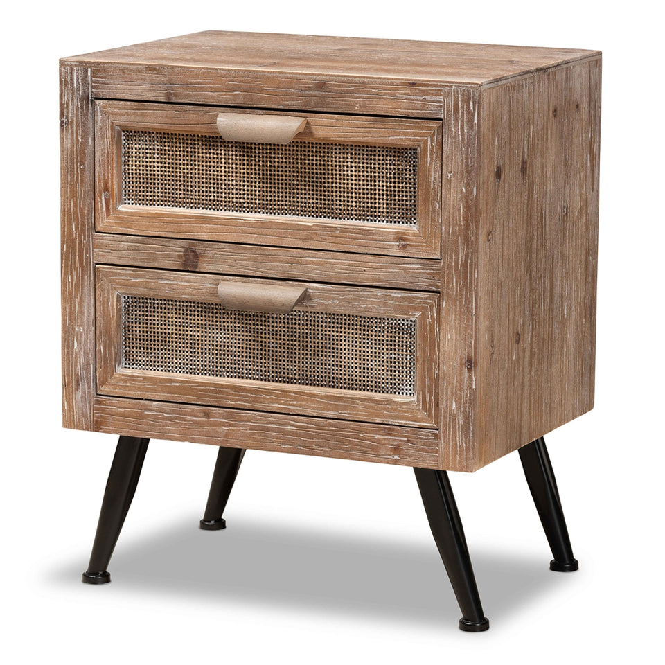 Calida mid-century modern whitewashed natural brown finished wood and rattan 2-drawer nightstand.