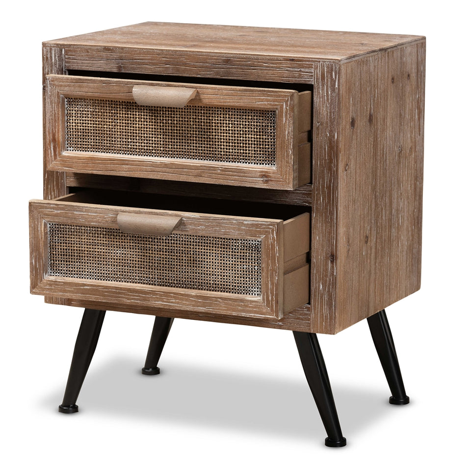 Calida mid-century modern whitewashed natural brown finished wood and rattan 2-drawer nightstand.