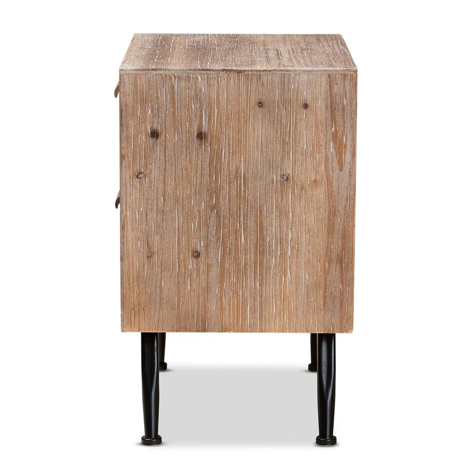 Calida mid-century modern whitewashed natural brown finished wood and rattan 2-drawer nightstand.