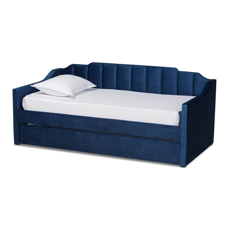 Lennon modern and contemporary navy blue velvet fabric upholstered twin size daybed with trundle.