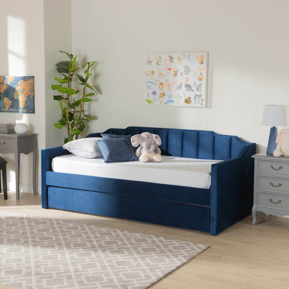 Lennon modern and contemporary navy blue velvet fabric upholstered twin size daybed with trundle.