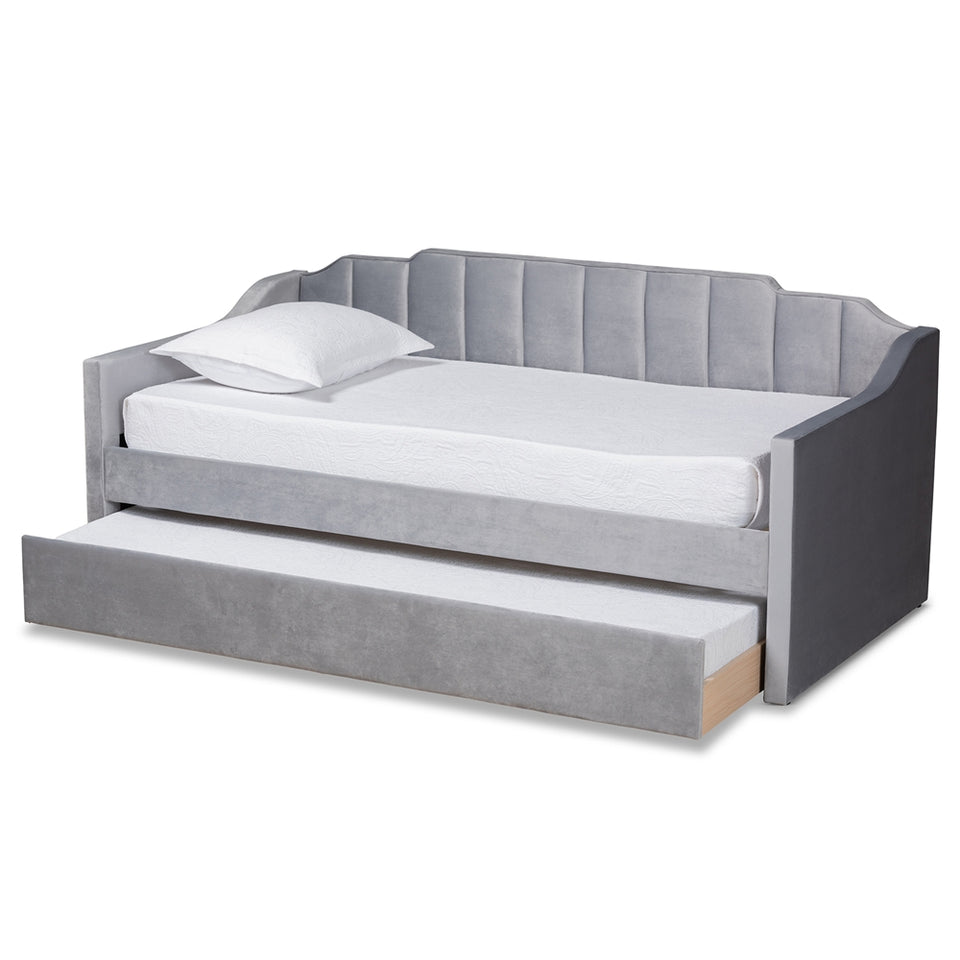 Lennon modern and contemporary grey velvet fabric upholstered twin size daybed with trundle.