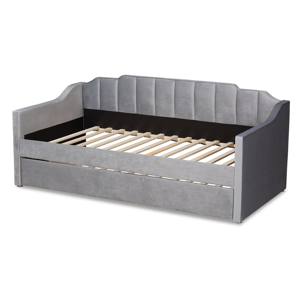 Lennon modern and contemporary grey velvet fabric upholstered twin size daybed with trundle.