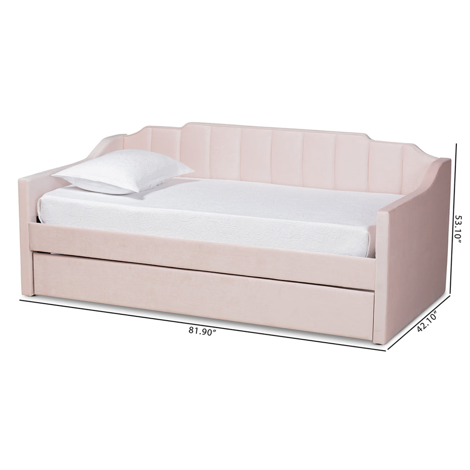 Lennon modern and contemporary pink velvet fabric upholstered twin size daybed with trundle.