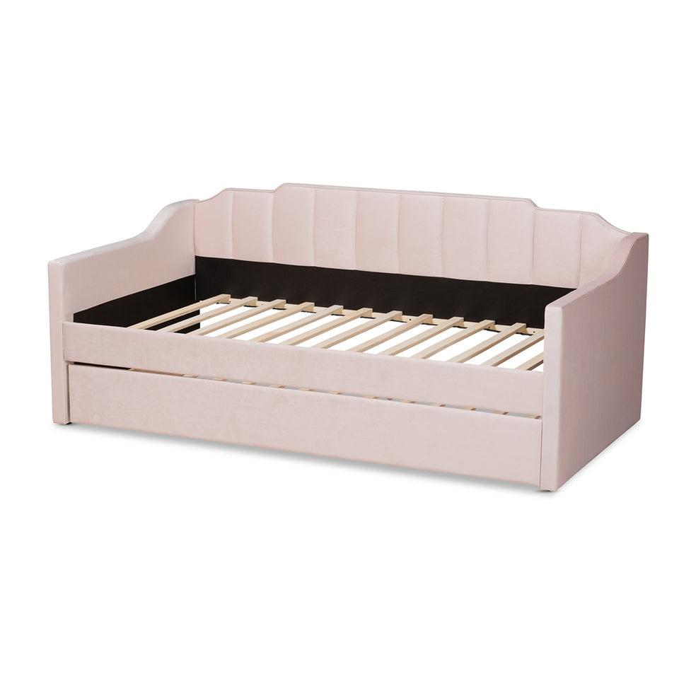 Lennon modern and contemporary pink velvet fabric upholstered twin size daybed with trundle.