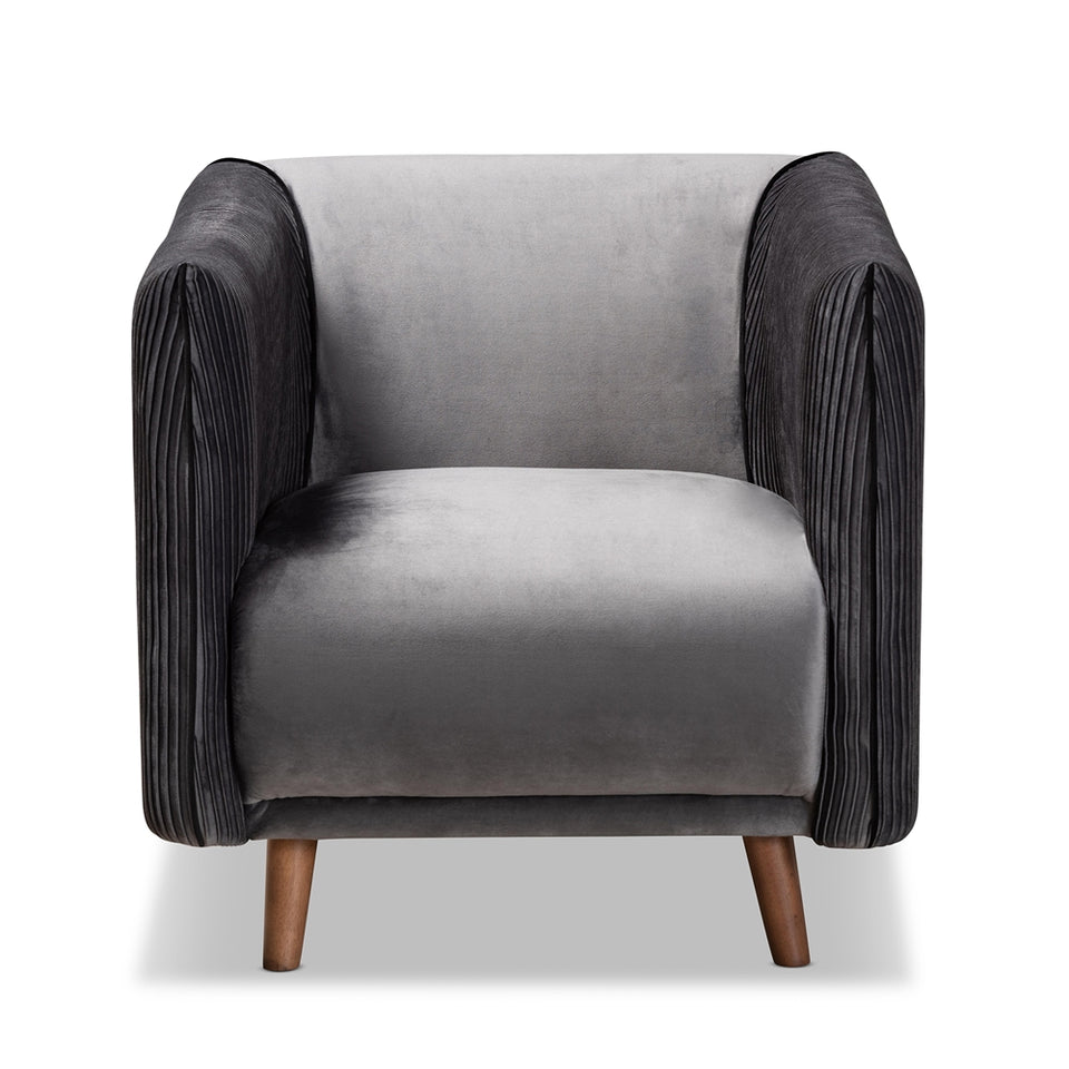 Beacher modern and contemporary grey velvet fabric upholstered and walnut brown finished wood armchair.