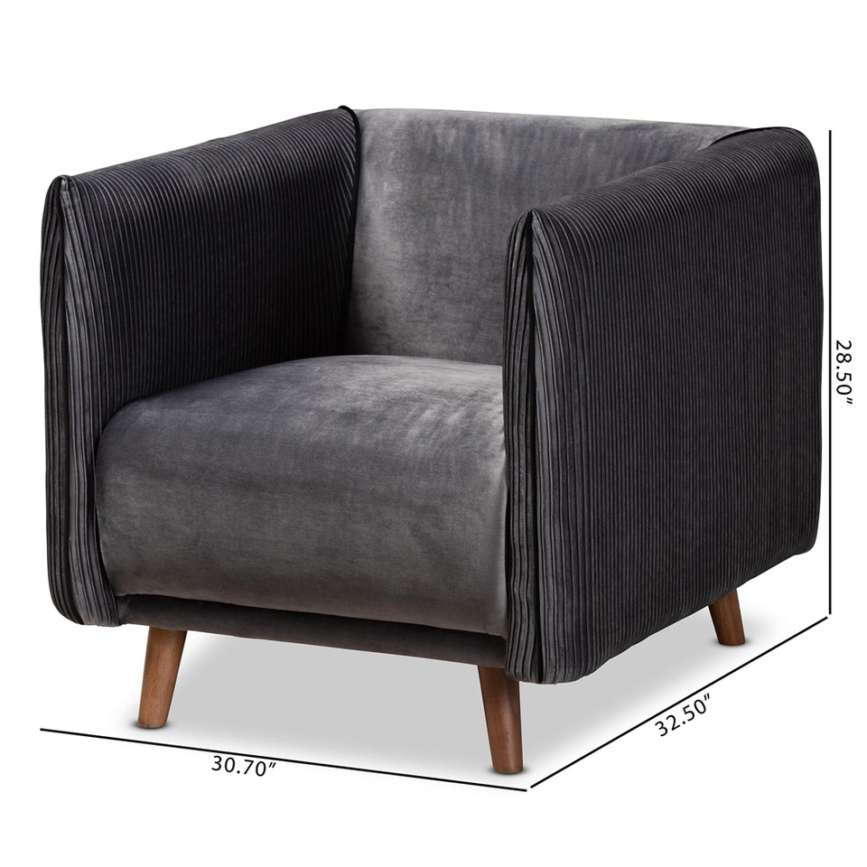 Beacher modern and contemporary grey velvet fabric upholstered and walnut brown finished wood armchair.