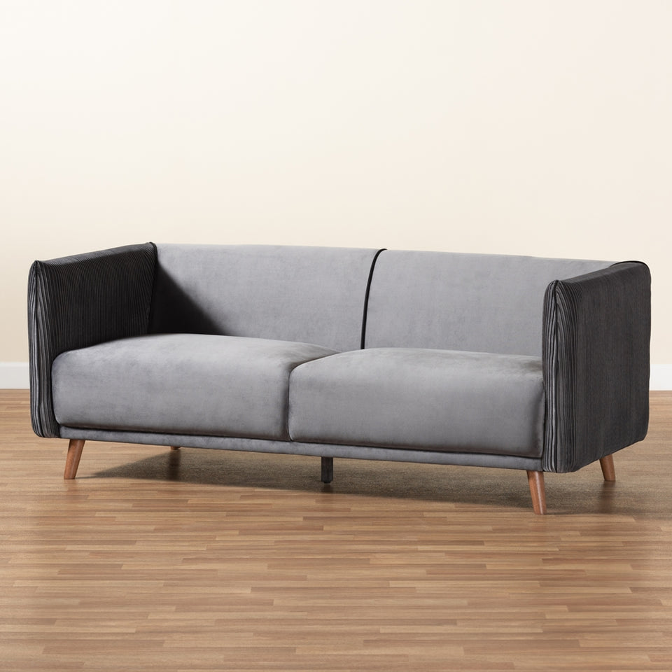 Beacher modern and contemporary grey velvet fabric upholstered and walnut brown finished wood sofa.
