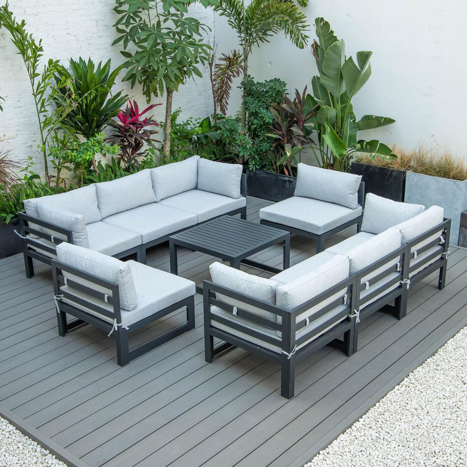 Chelsea 9-Piece Patio Sectional with Coffee Table Black Aluminum With Cushions, Light Grey