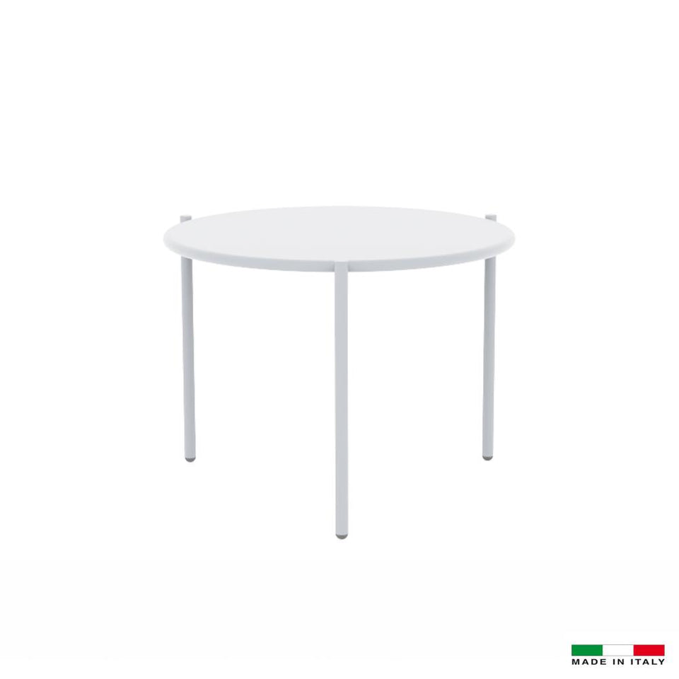 Small Round End Table, Metal frame design, Water and UV resistant material, Easy to clean Material and Metals are coated with Qualicoat thermosetting  powders White