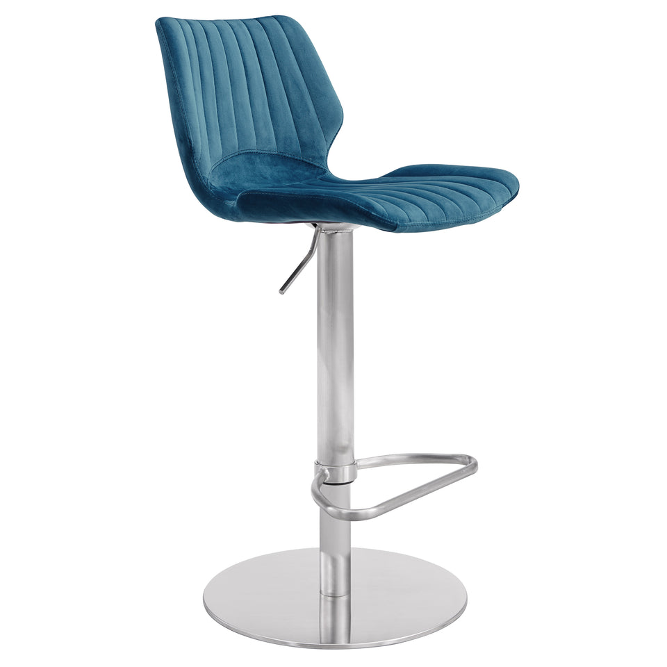 Oneida Adjustable Blue Velvet and Brushed Stainless Steel Bar and Counter Stool