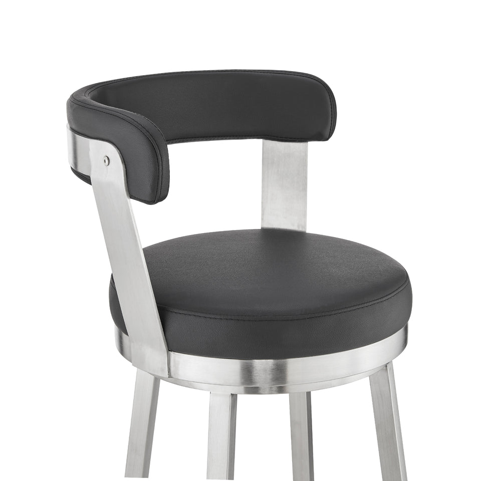Kobe 26" Counter Height Swivel Bar Stool in Brushed Stainless Steel Finish and Black Faux Leather
