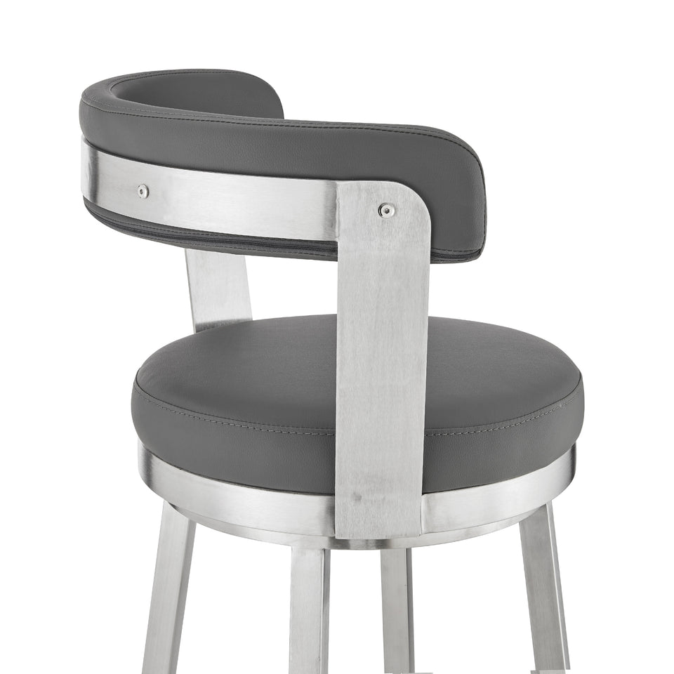 Kobe 26" Counter Height Swivel Bar Stool in Brushed Stainless Steel Finish and Gray Faux Leather