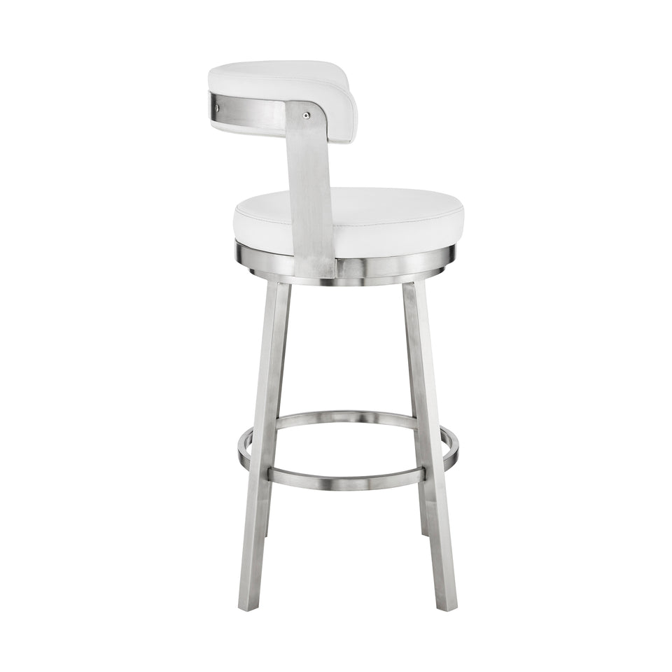 Kobe 30" Bar Height Swivel Bar Stool in Brushed Stainless Steel Finish and White Faux Leather