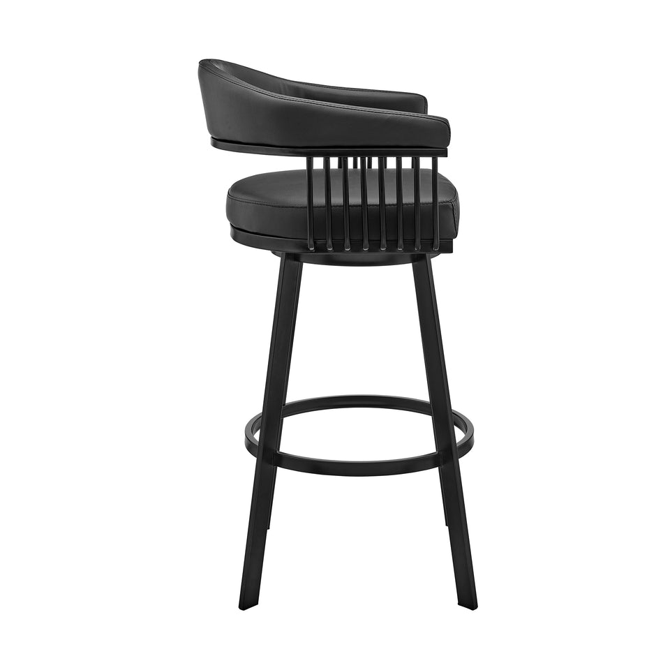 Bronson 30" Bar Height Swivel Bar Stool in Black Finish and Black Faux Leather